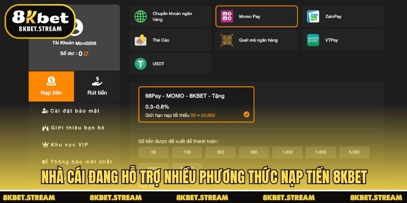 Nhà cái đang hỗ trợ nhiều phương thức nạp tiền 8KBET